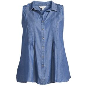Terra & Sky Pintuck Sleeveless Button Down Shirt Women’s Blue 1X 16W/18W.